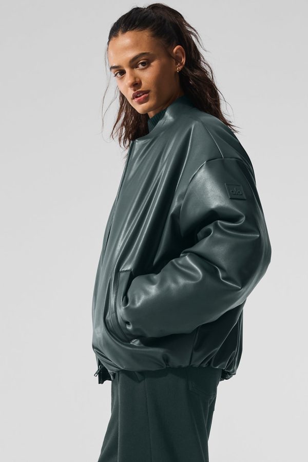 Faux Leather Premier Bomber ?C Charcoal Green