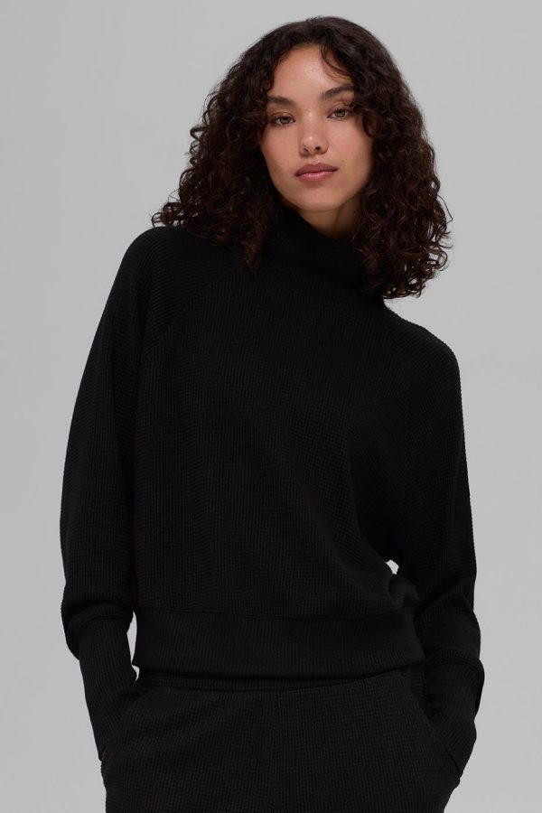 Waffle Weekend Escape Mock Neck Long Sleeve ?C Black