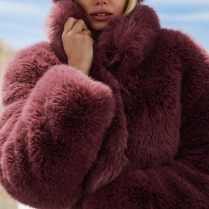 Opulent Faux Fur Cropped Jacket ?C Burgundy Truffle