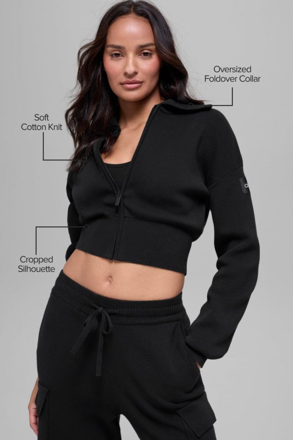 Scholar Knit Cropped Full Zip Jacket ?C Black