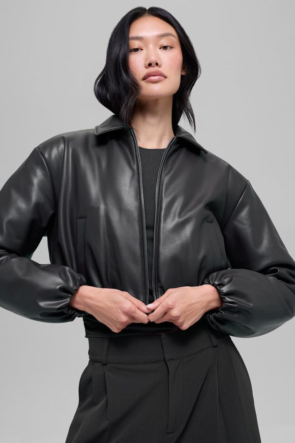 Faux Leather Cropped Premier Bomber ?C Black
