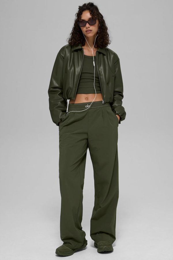 Faux Leather Cropped Premier Bomber ?C Green Olive