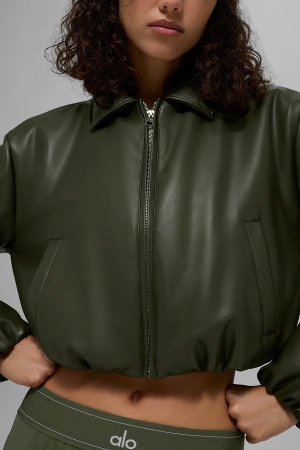 Faux Leather Cropped Premier Bomber ?C Green Olive