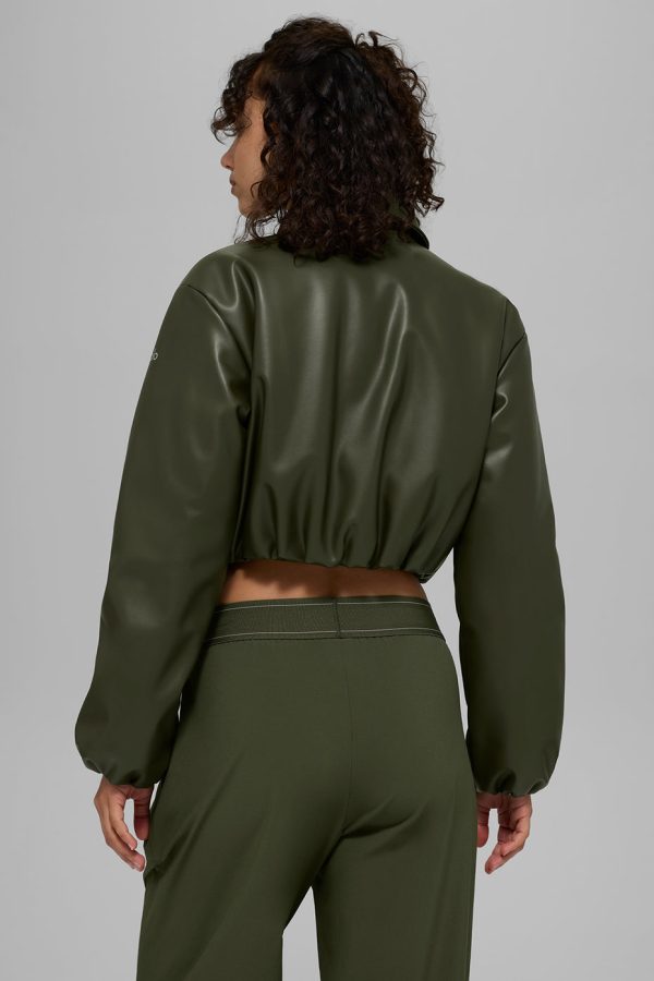 Faux Leather Cropped Premier Bomber ?C Green Olive