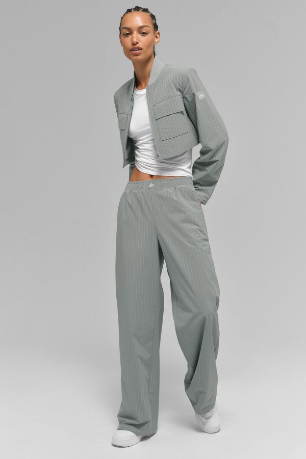 Cropped Pinstripe Main Character Full Zip Jacket ?C Lunar Grey/White